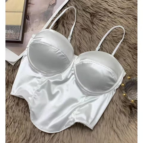 Solid Pleated Satin Crop Top with Padded Bra