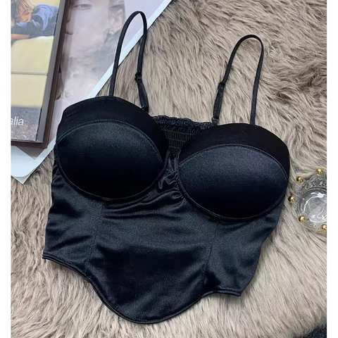 Solid Pleated Satin Crop Top with Padded Bra