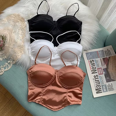 Solid Pleated Satin Crop Top with Padded Bra