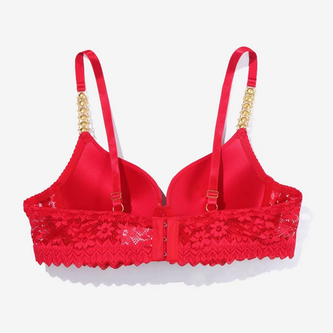 Bridal Padded Push-Up Bra With Rhinestones and Metallic Textured Lace