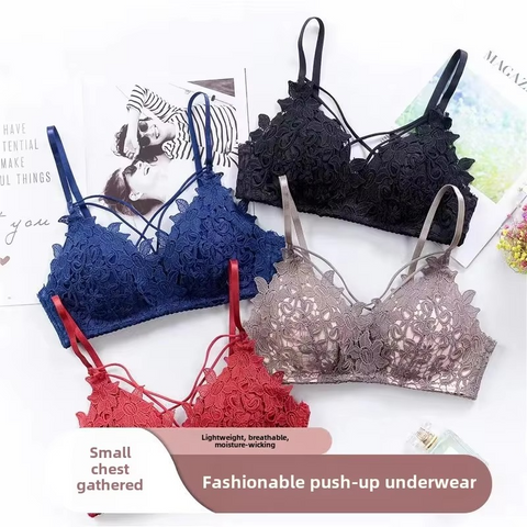 Embroidered Lace Push-Up Bra With Underwire and Adjustable Straps