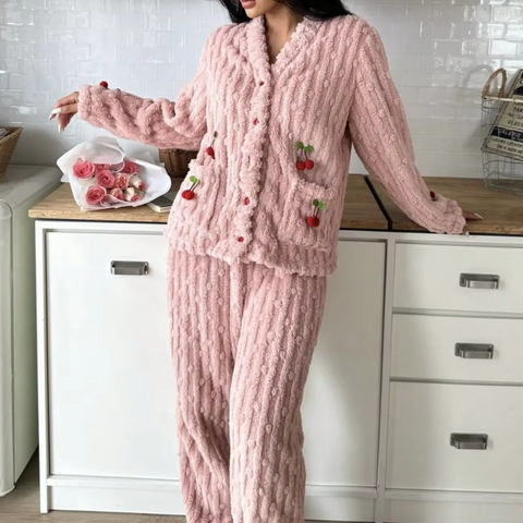 2 PCs WinterZ Coral Fleece Cherry Pocket Pyjama Set