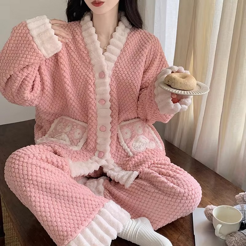 2 PCs Long-Hair Flannel Loungewear for Women