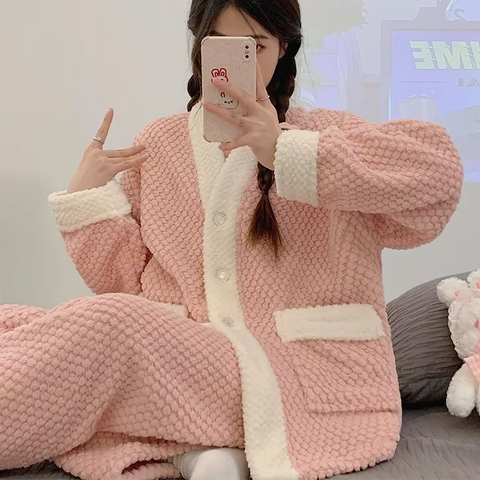 2 PCs Long-Hair Flannel Loungewear for Women