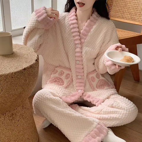 2 PCs Long-Hair Flannel Loungewear for Women