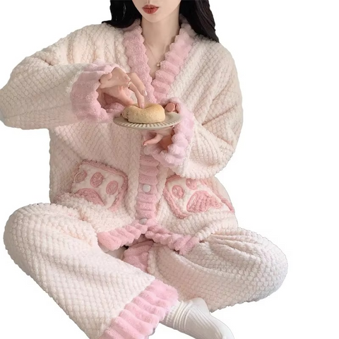 2 PCs Long-Hair Flannel Loungewear for Women