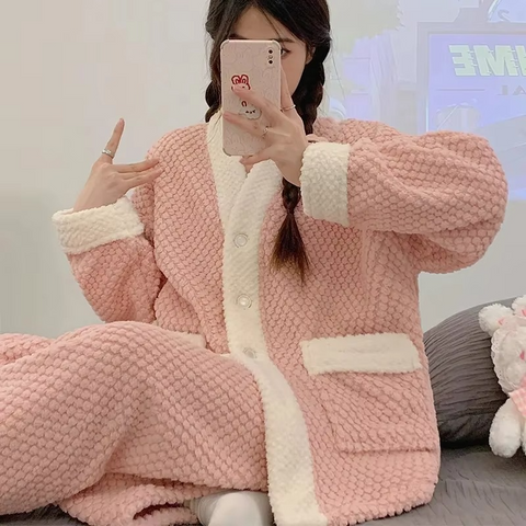 2 PCs Long-Hair Flannel Loungewear for Women