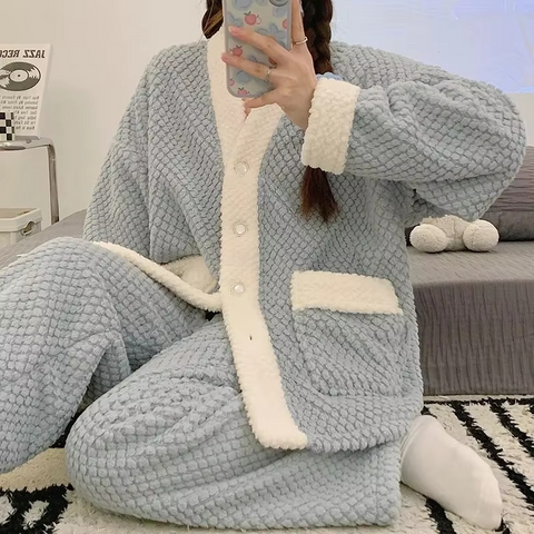 2 PCs Long-Hair Flannel Loungewear for Women
