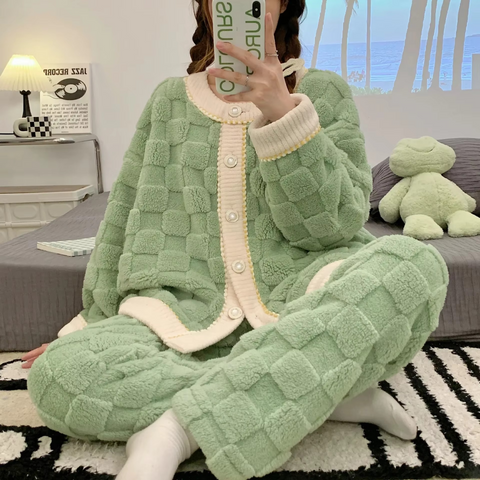 2PCs Thick Coral Fleece V-Neck Pyjama Set