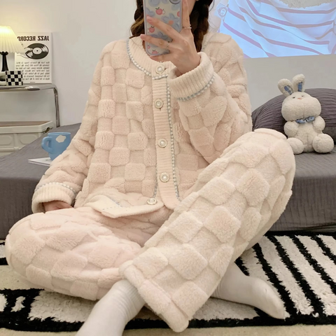 2PCs Thick Coral Fleece V-Neck Pyjama Set