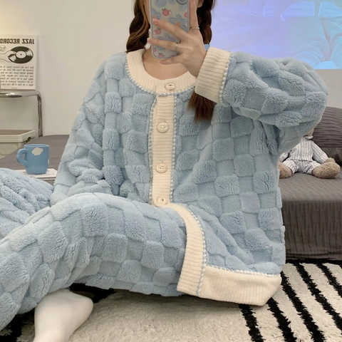 2PCs Thick Coral Fleece V-Neck Pyjama Set