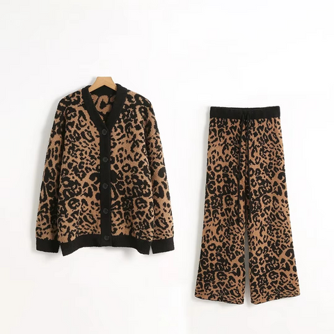 Korean 2 Pcs Bold Leopard Print  Long Sleeves Long Pants and Pyjama Set
