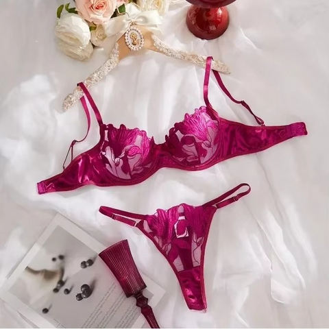 Tornova Sexy Women's Lace Sheer Embroidered Bra and Panty Set