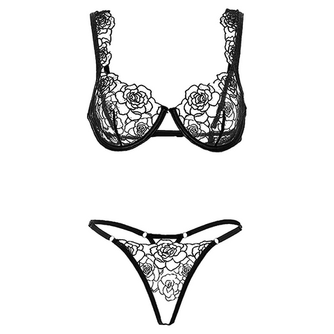 Bridal Floral Embroidered Underwired Mesh Bra and Panty Set