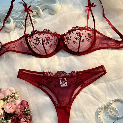 Wine Sheer Bow Tie Style Embroidered Push-Up Bra and Thong Set