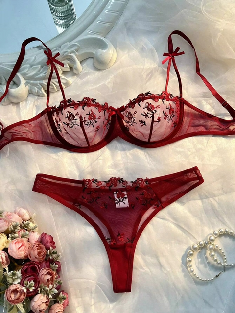 Wine Sheer Bow Tie Style Embroidered Push-Up Bra and Thong Set