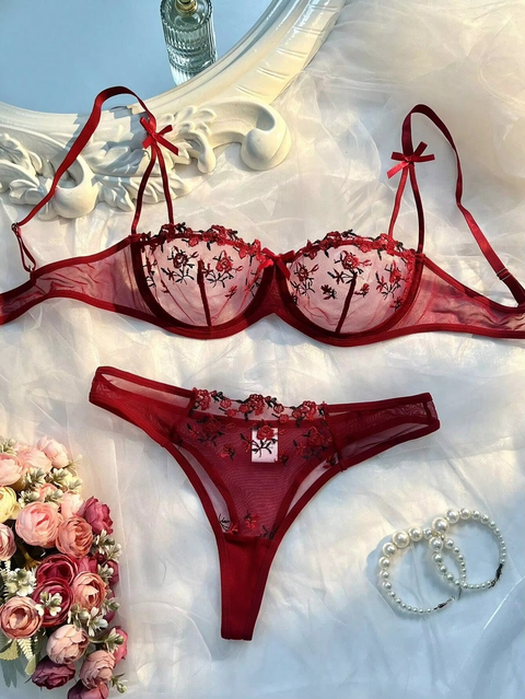 Wine Sheer Bow Tie Style Embroidered Push-Up Bra and Thong Set