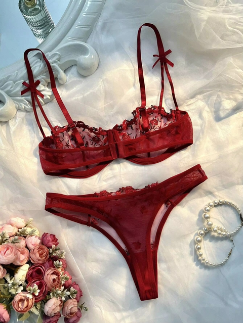 Wine Sheer Bow Tie Style Embroidered Push-Up Bra and Thong Set