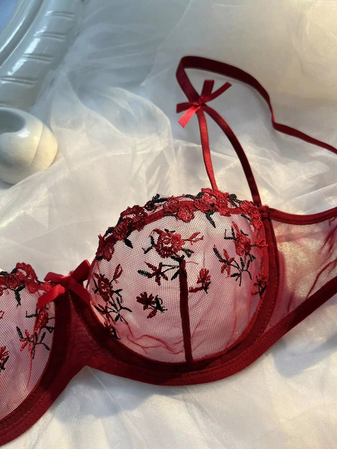 Wine Sheer Bow Tie Style Embroidered Push-Up Bra and Thong Set