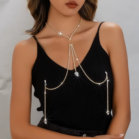 Sexy M‑Shaped Rhinestone Body Chain Bra