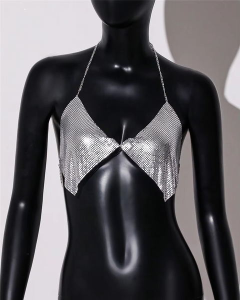 Metallic Sequin Halter Crop Top Bra