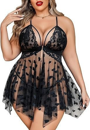 Red Heart Mesh Babydoll 2Pcs Wedding Nighty Set for Brides and Newlyweds