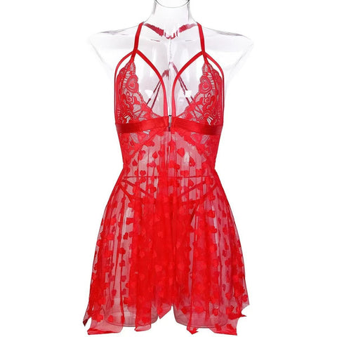 Red Heart Mesh Babydoll 2Pcs Wedding Nighty Set for Brides and Newlyweds