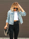 Ripped Button Closure Distressed Flap Pockets Denim Jacket