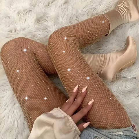 Shiny Rhinestone Hollow Out See Through Fishnet Stocking