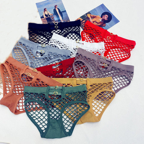 Openwork Mesh Fishnet Heart Metal Buckle Low Waist Underwear