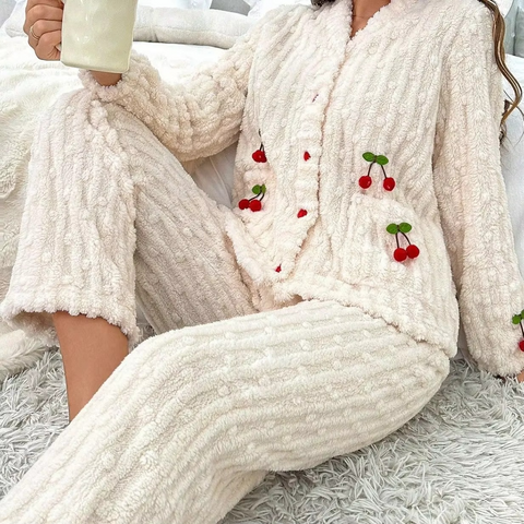 2 PCs WinterZ Coral Fleece Cherry Pocket Pyjama Set