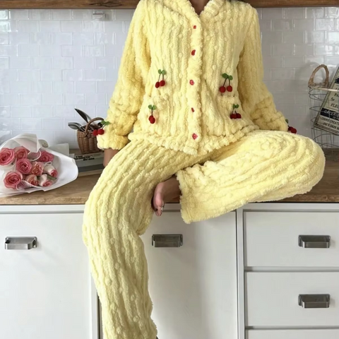 2 PCs WinterZ Coral Fleece Cherry Pocket Pyjama Set