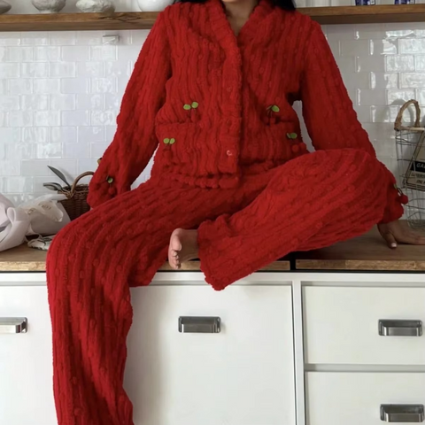 2 PCs WinterZ Coral Fleece Cherry Pocket Pyjama Set