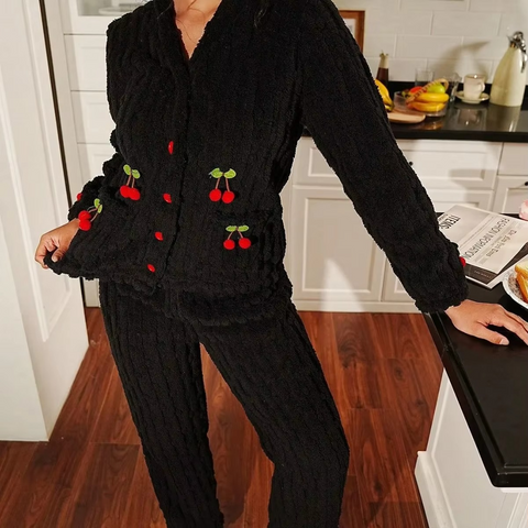 2 PCs WinterZ Coral Fleece Cherry Pocket Pyjama Set