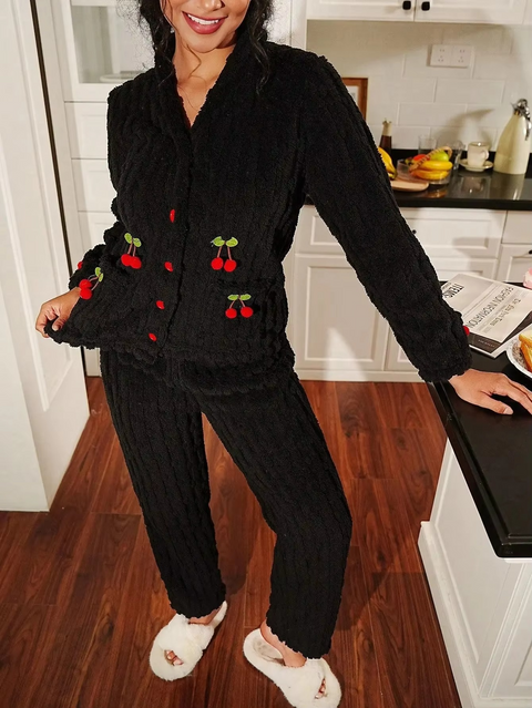 2 PCs WinterZ Coral Fleece Cherry Pocket Pyjama Set