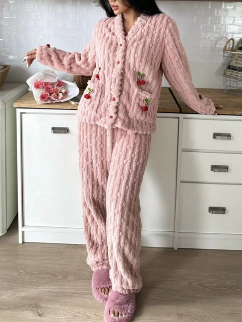 2 PCs WinterZ Coral Fleece Cherry Pocket Pyjama Set