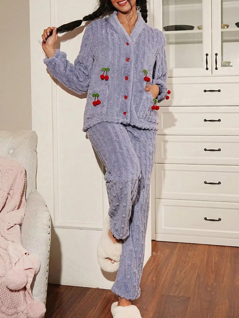 2 PCs WinterZ Coral Fleece Cherry Pocket Pyjama Set