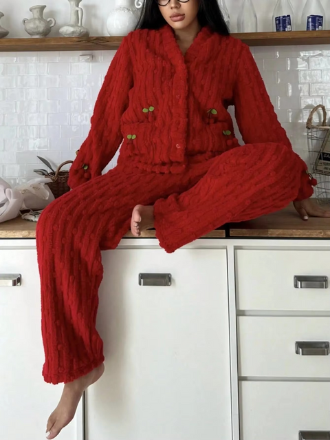 2 PCs WinterZ Coral Fleece Cherry Pocket Pyjama Set