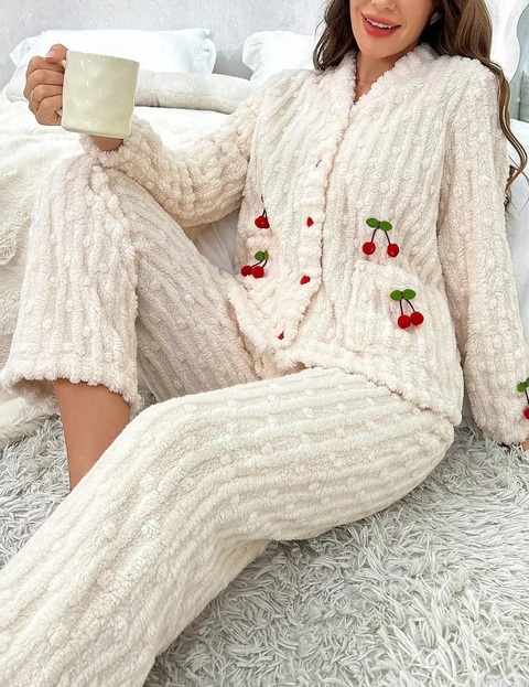 2 PCs WinterZ Coral Fleece Cherry Pocket Pyjama Set