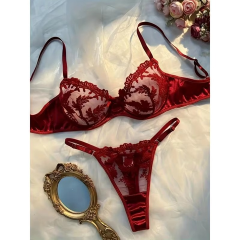 Burgundy Floral Embroidered Bra and Panty Set