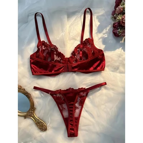 Burgundy Floral Embroidered Bra and Panty Set
