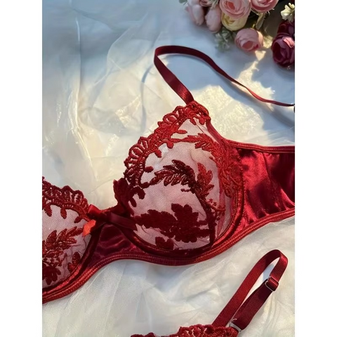 Burgundy Floral Embroidered Bra and Panty Set