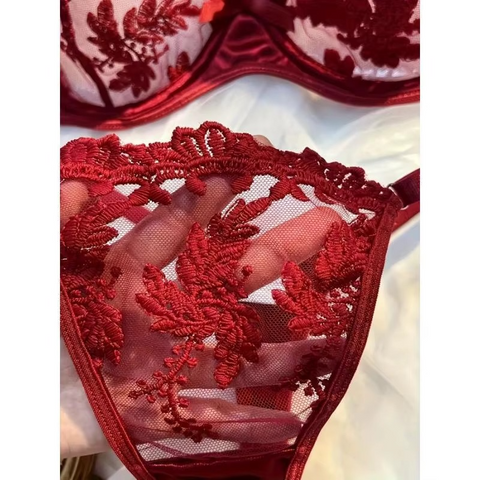Burgundy Floral Embroidered Bra and Panty Set