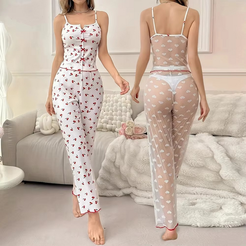 Sexy Sheer Mesh Lace 2-Piece Loungewear Set – Ribbed Strap Top & Pants
