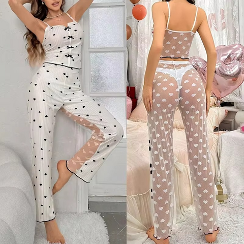 Sexy Sheer Mesh Lace 2-Piece Loungewear Set – Ribbed Strap Top & Pants