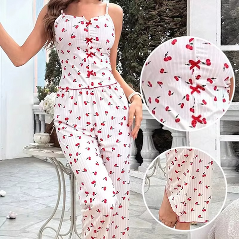 Sexy Sheer Mesh Lace 2-Piece Loungewear Set – Ribbed Strap Top & Pants