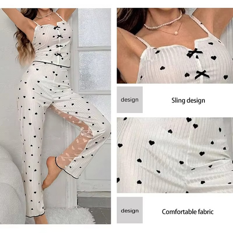 Sexy Sheer Mesh Lace 2-Piece Loungewear Set – Ribbed Strap Top & Pants