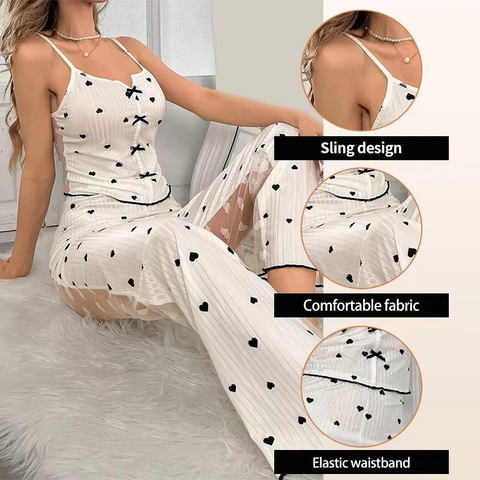Sexy Sheer Mesh Lace 2-Piece Loungewear Set – Ribbed Strap Top & Pants
