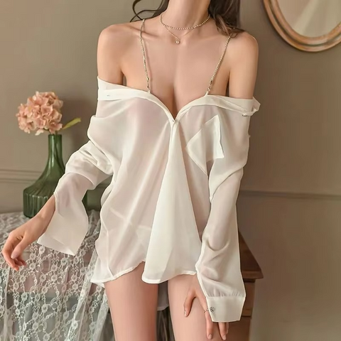 Sexy Off‑Shoulder Trendy Oversized Rhinestone Secretary Style T‑Shirt with Panty