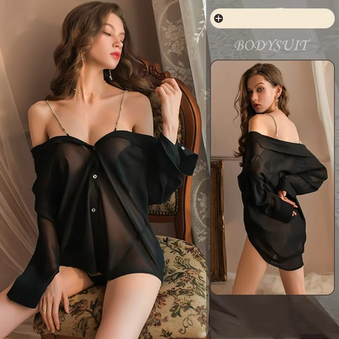 Sexy Off‑Shoulder Trendy Oversized Rhinestone Secretary Style T‑Shirt with Panty